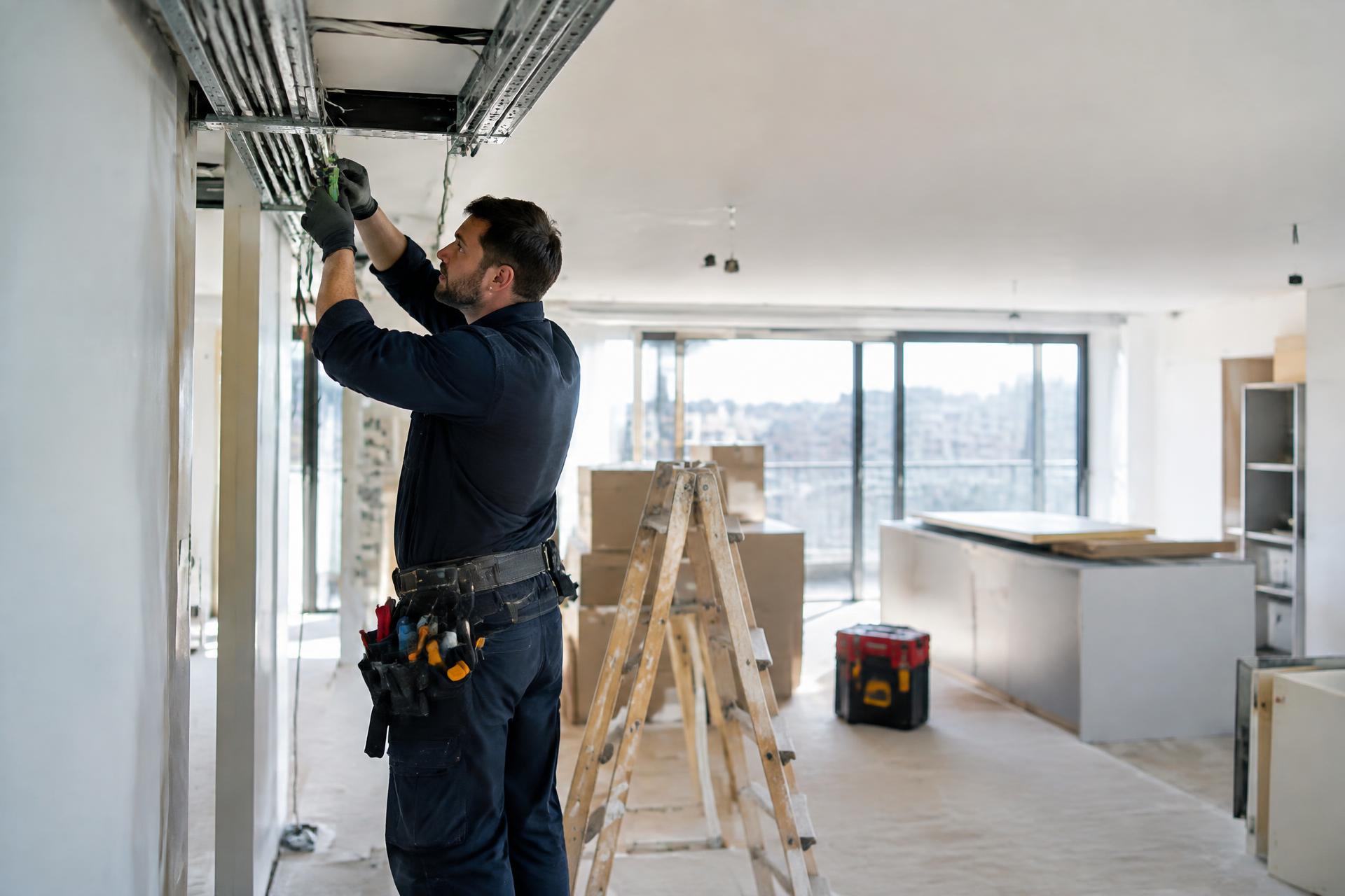 Electricista de LF Espacios instalando cableado en una vivienda en reforma en Vigo
